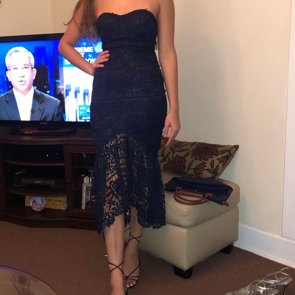 navy lace fishtail dress One Step Ahead